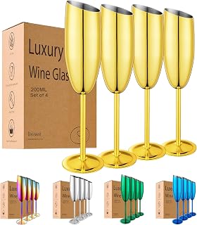 Champagne Flutes Set of 4,Stainless Steel Champagne Glasses For Wedding & Birthday Party,7oz Unbreakable Slanted-Mouth Champagne Glass With Elegant Long Stem