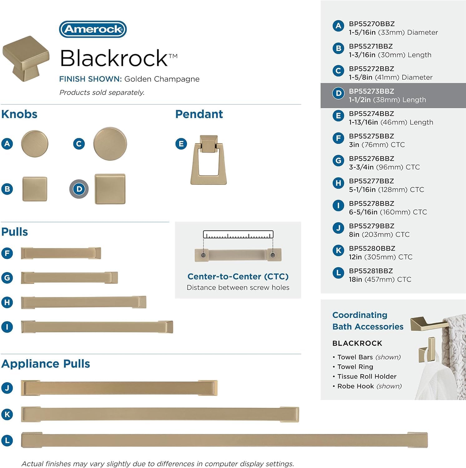 Amerock | Cabinet Knob | Golden Champagne | 1-1/2 inch (38 mm) Length | Blackrock | 1 Pack | Drawer Knob | Cabinet Hardware