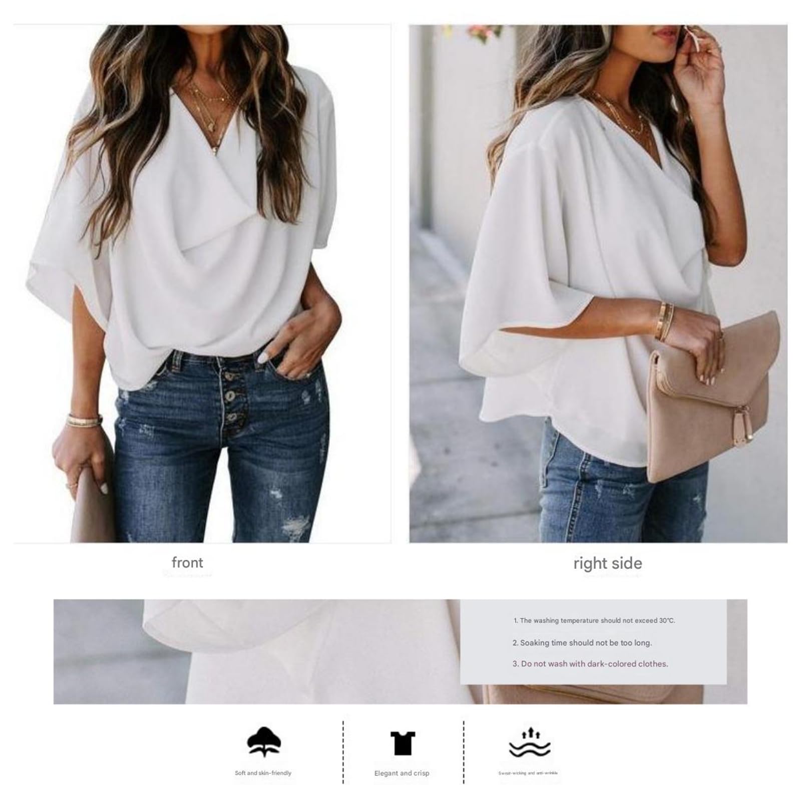 Damen Langarmshirt Chiffon-Bluse, Lockeres V-Ausschnitt, Lässiges Top, T-Shirt, Damenbekleidung-Aprikose-XXXL