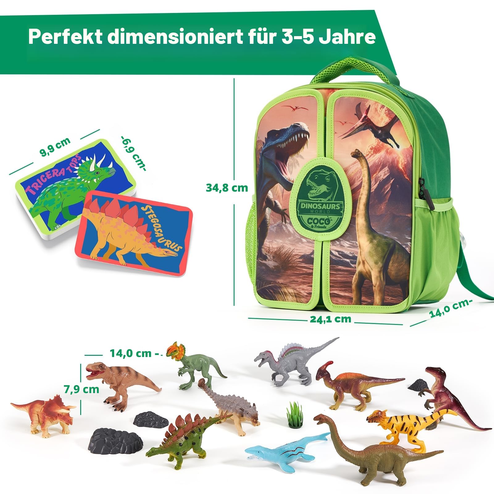 COCO&Friends Dinosaurier Spielzeug für Kinder 3 4 5 6 Jahre Junge, Geburtstagen Weihnachten Geschenk Spielzeug, 12 Dinosaurier Statuen und Lernkarten,Tragbarer Rucksack mit Faltbarer 3D-Spielmatte