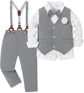Toddler Boy Clothes Suit Formal Dress Shirt+Bowtie+Vest+Boutonniere+Suspender Pants Boys Gentleman Outfits Set