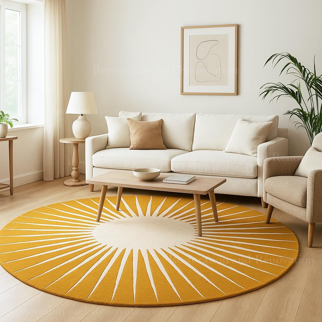 Restoration and Renovation Modern Round Area Rug – Hand-Tufted with 100% NZ Wool, Thick & Soft Circular Carpet for Living Room, Bedroom & Dining Room Decor (Mustard, 7' Round)