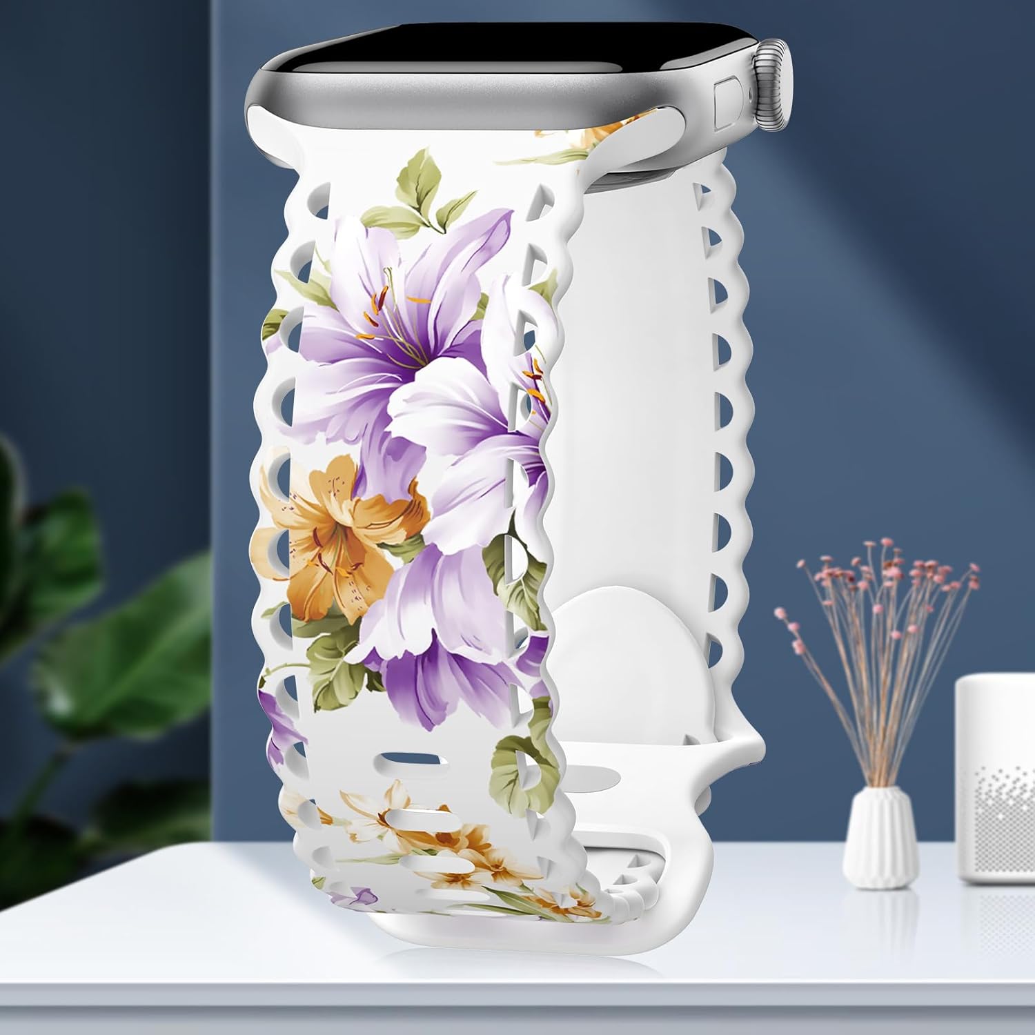 Floral Band Compatible with Apple Watch Band 38mm 40mm 41mm 42mm 44mm 45mm 46mm 49mm Women, Cute Flower Print Pattern Soft Lace Silicone Strap for iWatch Band Series Ultra 10 9 8 7 SE 6 5 4 3 2 1 - Image 2