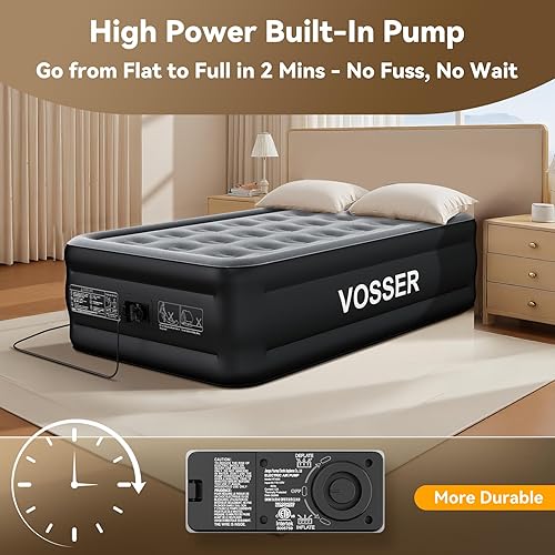 Miniatura 7 de Colchón de aire individual con bomba integrada, colchón inflable elevado de 18 pulgadas, colchón inflable en 2 minutos, colchón de aire individual
