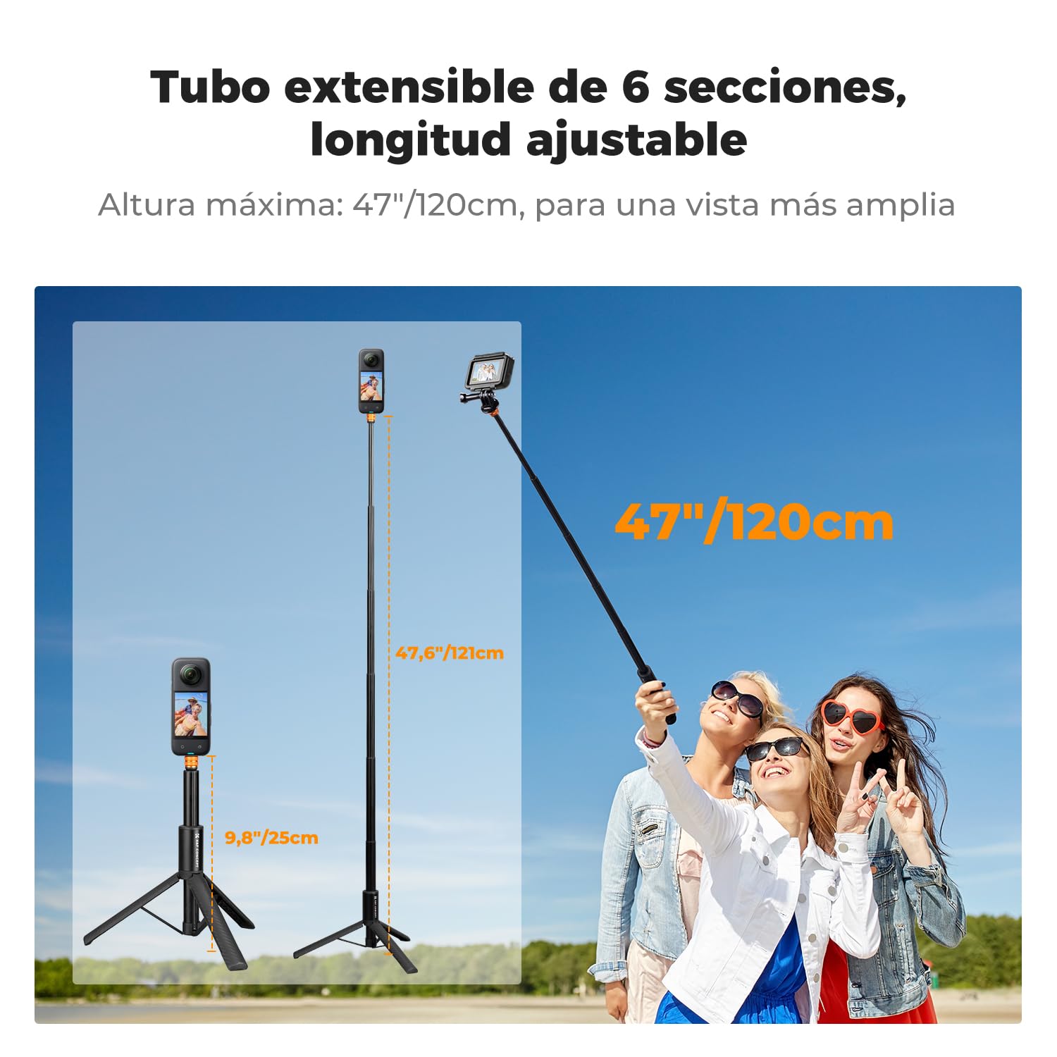 K&F CONCEPT MS21 Trípode y Palo Selfie Invisible Telescópico de 120 cm, Compatible con Insta360 X5/X4/X3/Ace Pro, Pocket 4/3, GoPro Hero 13-5, dji Osmo Action 5Pro/4/3, AKASO, Luna Ultra