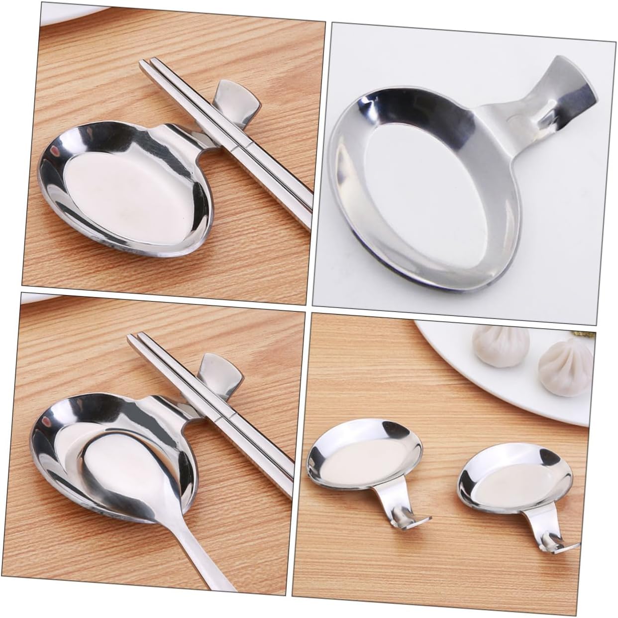 CALLARON 2pcs Stainless Steel Spoon and Chopstick Rest Set with Small Dipping Bowl for Kitchen Essentials and Dining Table Organization