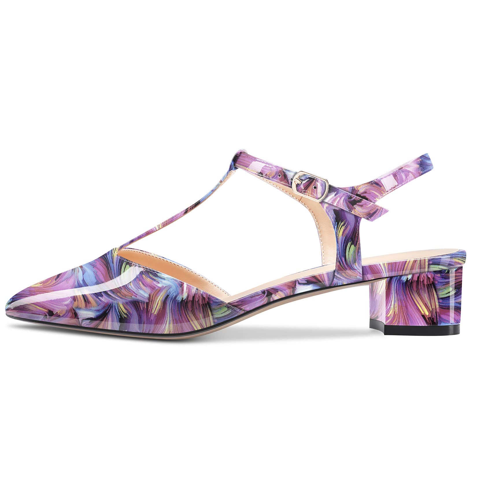 HEUIVZAR Donna T-strap a Punta Pumps Sandali Basso Blocco Chunky Tacco Heel Cinturino alla Caviglia Slingback Verniciata Dress Scarpe 3.5 CM