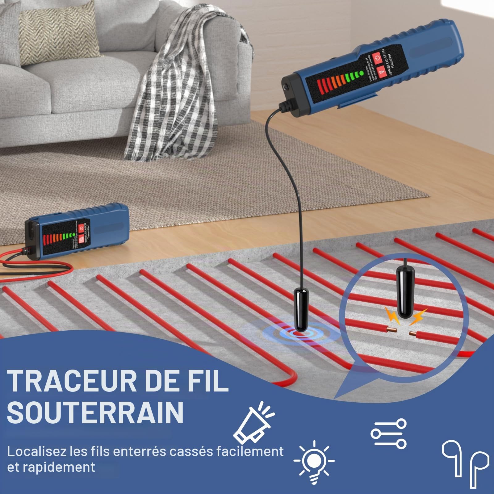 F04 Détecteur de câbles souterrains, détecteur de fils avec casque, testeur de câble pour câble de clôture pour chiens, fils pour programmateur d'arrosage