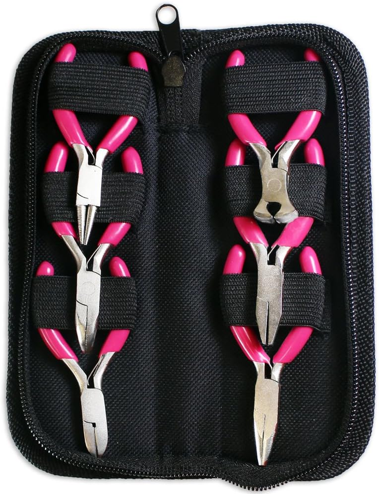 6pc Mini Plier Set | Pink Vinyl Handles | Custom Zipper Case | 3" (7.6 cm) Long | End Cutter, 2 Flat Jaws, Round Nose, Side Cutter, Curved Nose | Perfect for Ladies & Crafters