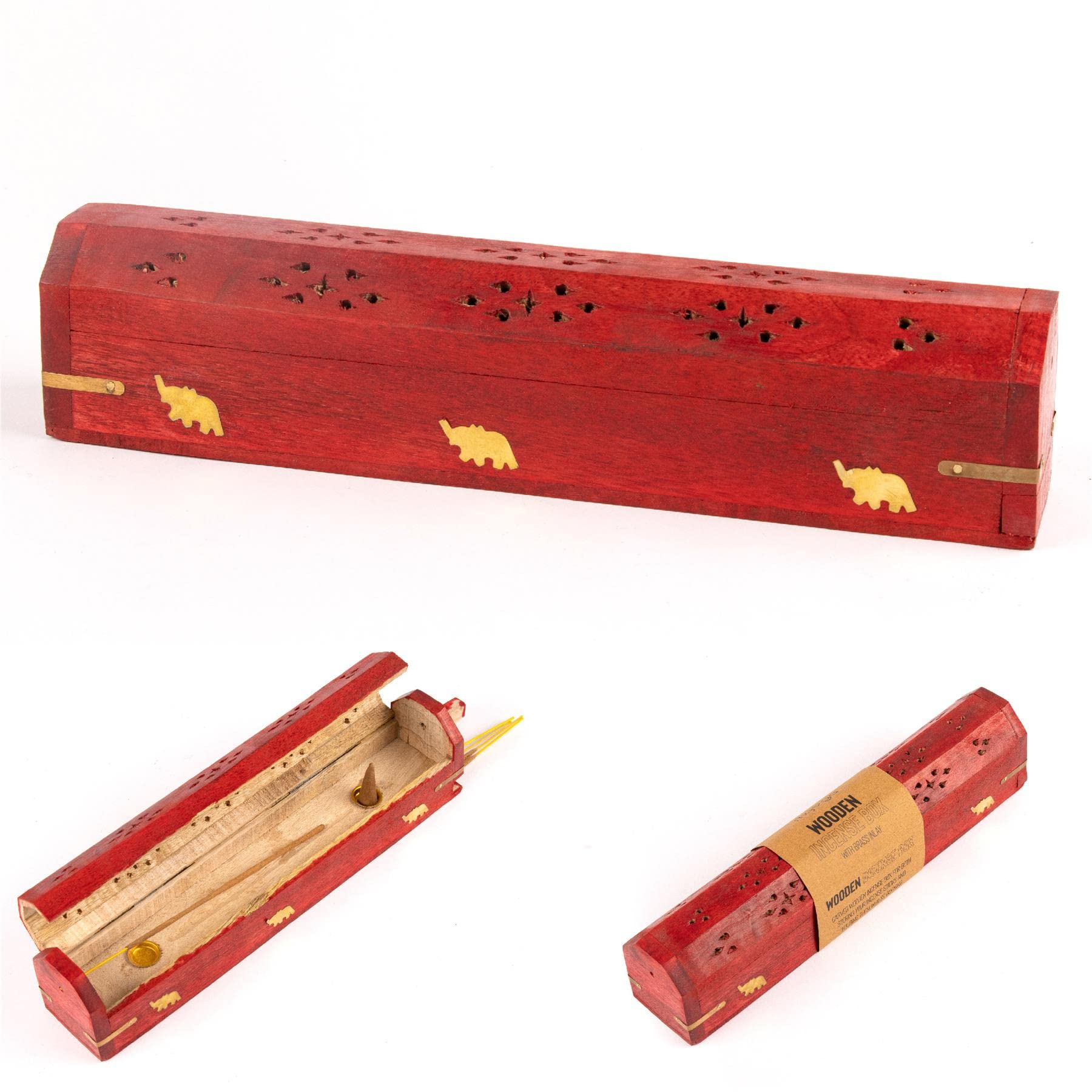 Myga Red Elephant Incense Box - Wooden Carved Incense Holder For Joss Stick & Dhoop Cone With Storage - Ideal For Meditation, Aromatherapy & Home Décor - Handcrafted In India With Mango Wood