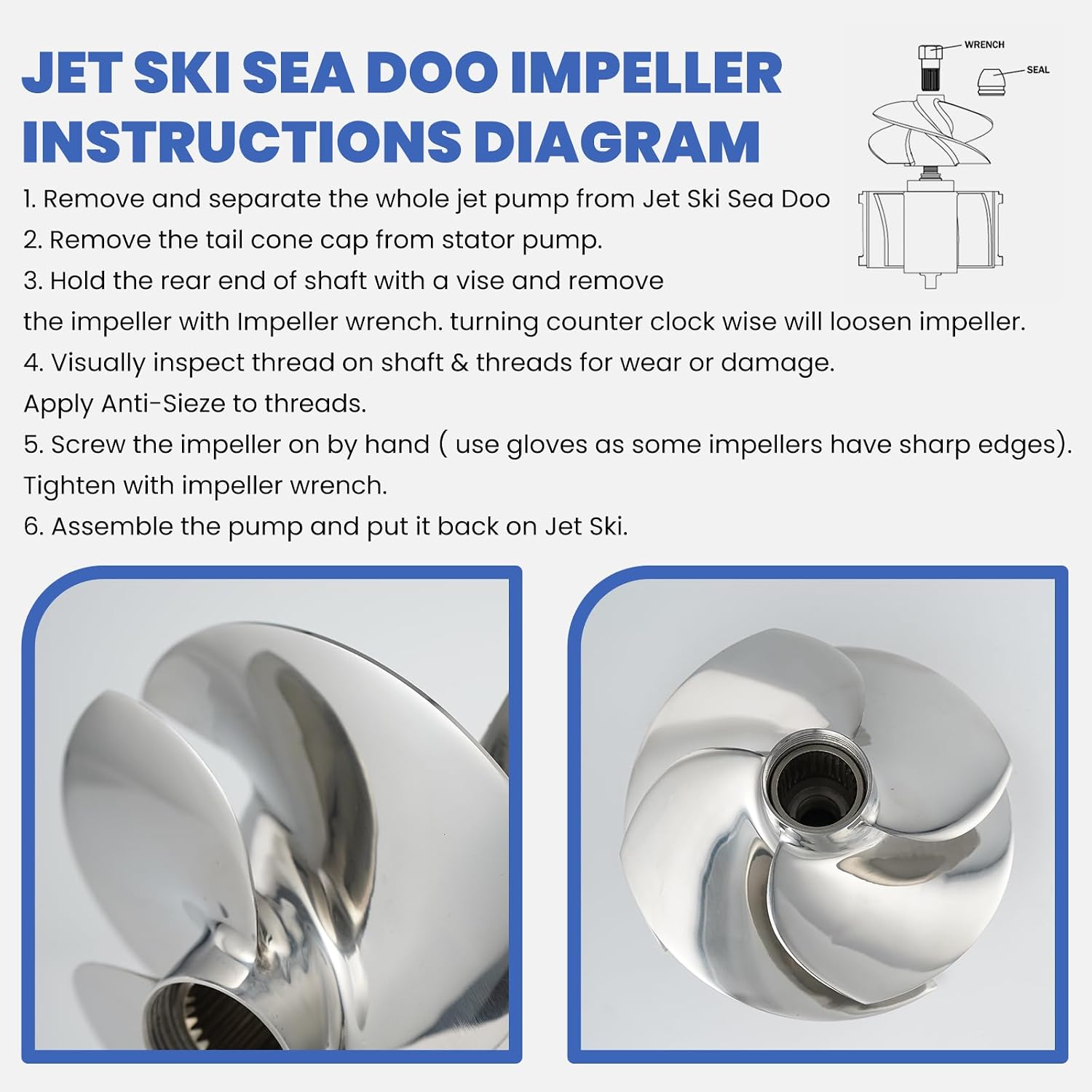 Jet Ski Impeller Fit Seadoo SX4-CD-11/16 RXP-X 300 GTR 230 GTX-230 4-Blade Polished 161MM Diameter