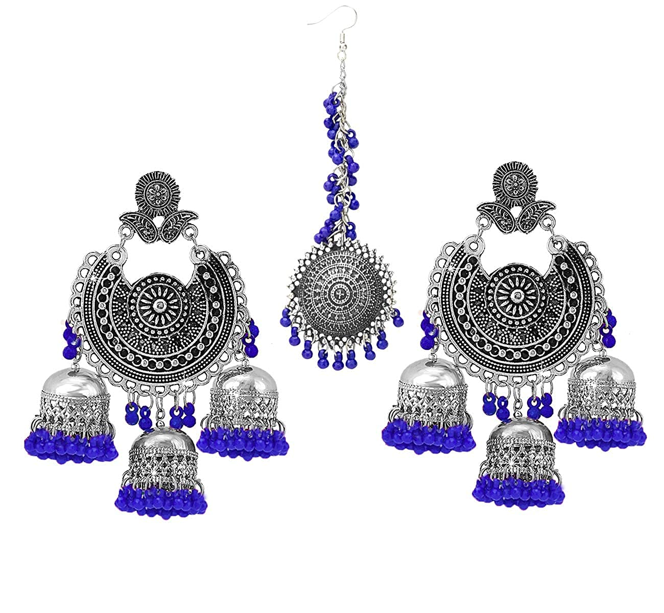 SHREYA-FASHION-German Oxidised Silver Afghani Navratri Garba Style Traditional Maang Tikka with Jhumka Earrings Jewellery Set for Women and Girls (Blue) (B09G9LJV5N) Amazon Price History, Amazon Price Tracker