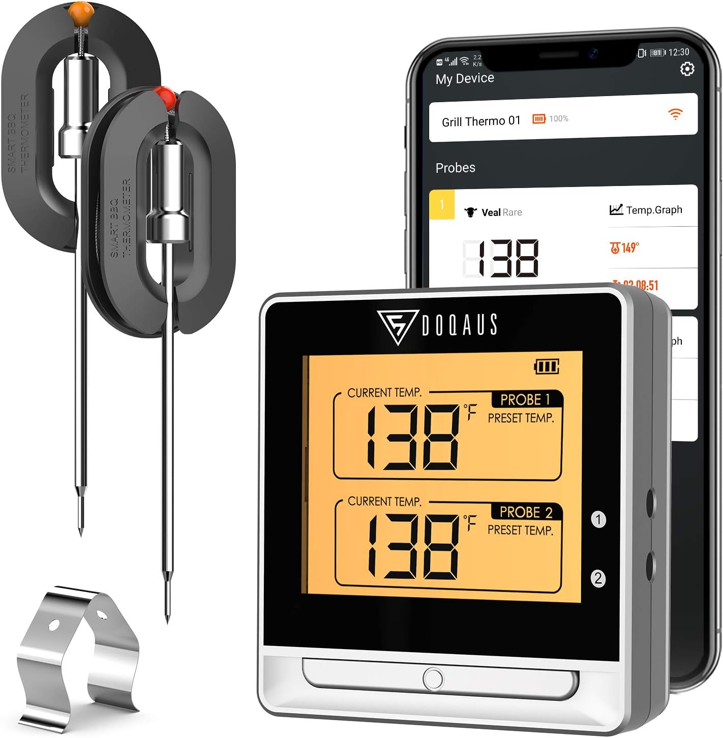 DOQAUS Bluetooth Meat Thermometer for Grilling, Wireless Meat Thermometer with 2 Probes, 197ft Remote BBQ Thermometer with Smart Kitchen Timer and Backlight for Smoker, Oven, Grilling, Turkey