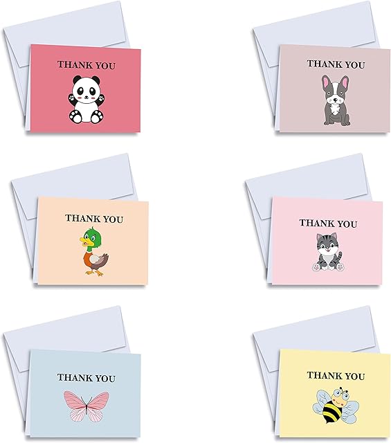 36 Animal Pack of Thank You Cards with Envelopes, Thank You Greeting Cards, Kids Thank You Cards Multipack With Envelopes, Thank You Cards For Kids, Bulk Thank You Cards, Thank You Card Pack