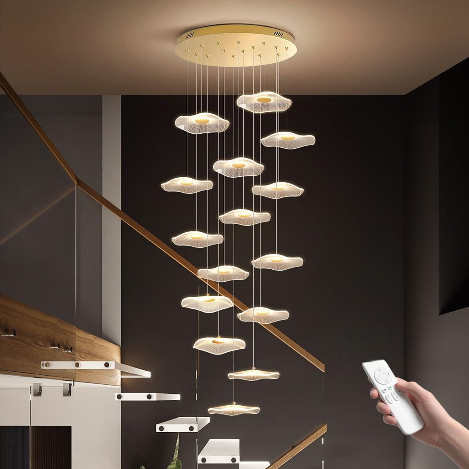 Lustre créatif en acrylique dimmable avec télécommande pour grand escalier colimaçon de 400 cm