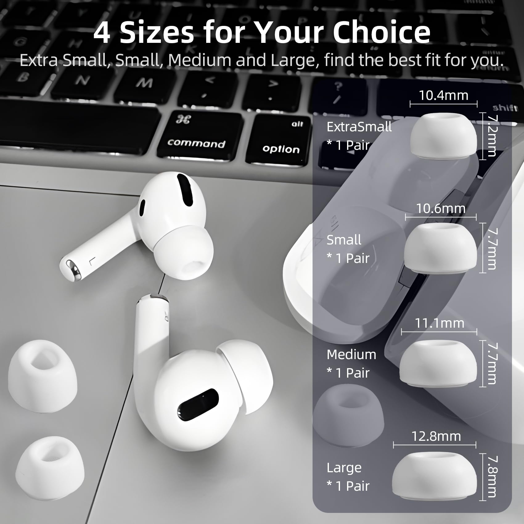 BillyBath 4 pary zamiennych zatyczek do uszu do Airpods Pro/Airpods Pro 2, z otworem do redukcji hałasu, antypoślizgowe, miękkie silikonowe wkładki Airpods (różne rozmiary, XS/S/M/L)