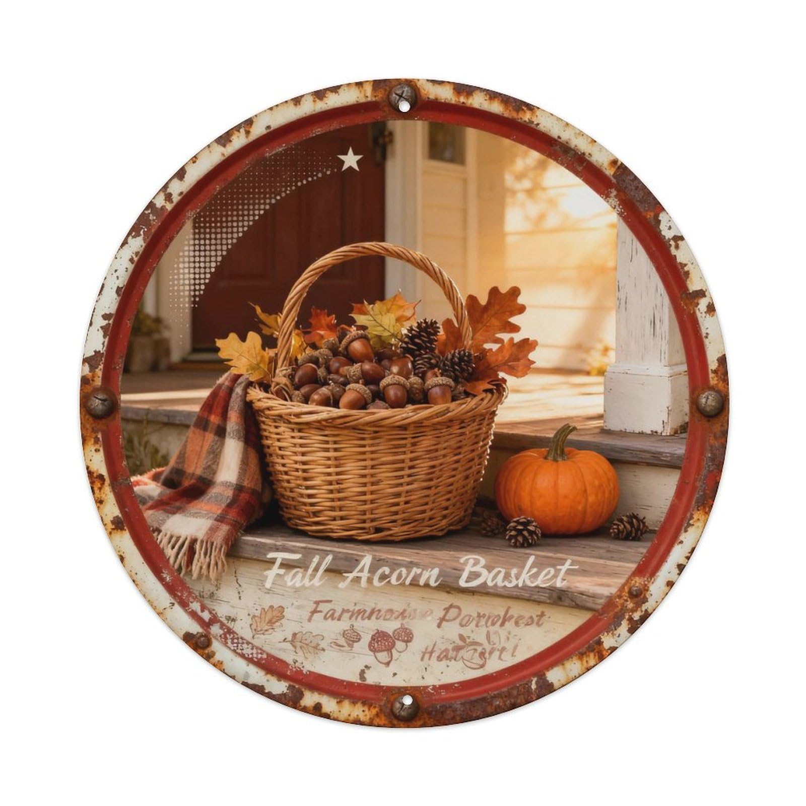 Fall Acorn Basket Metal Tin Sign Plaque