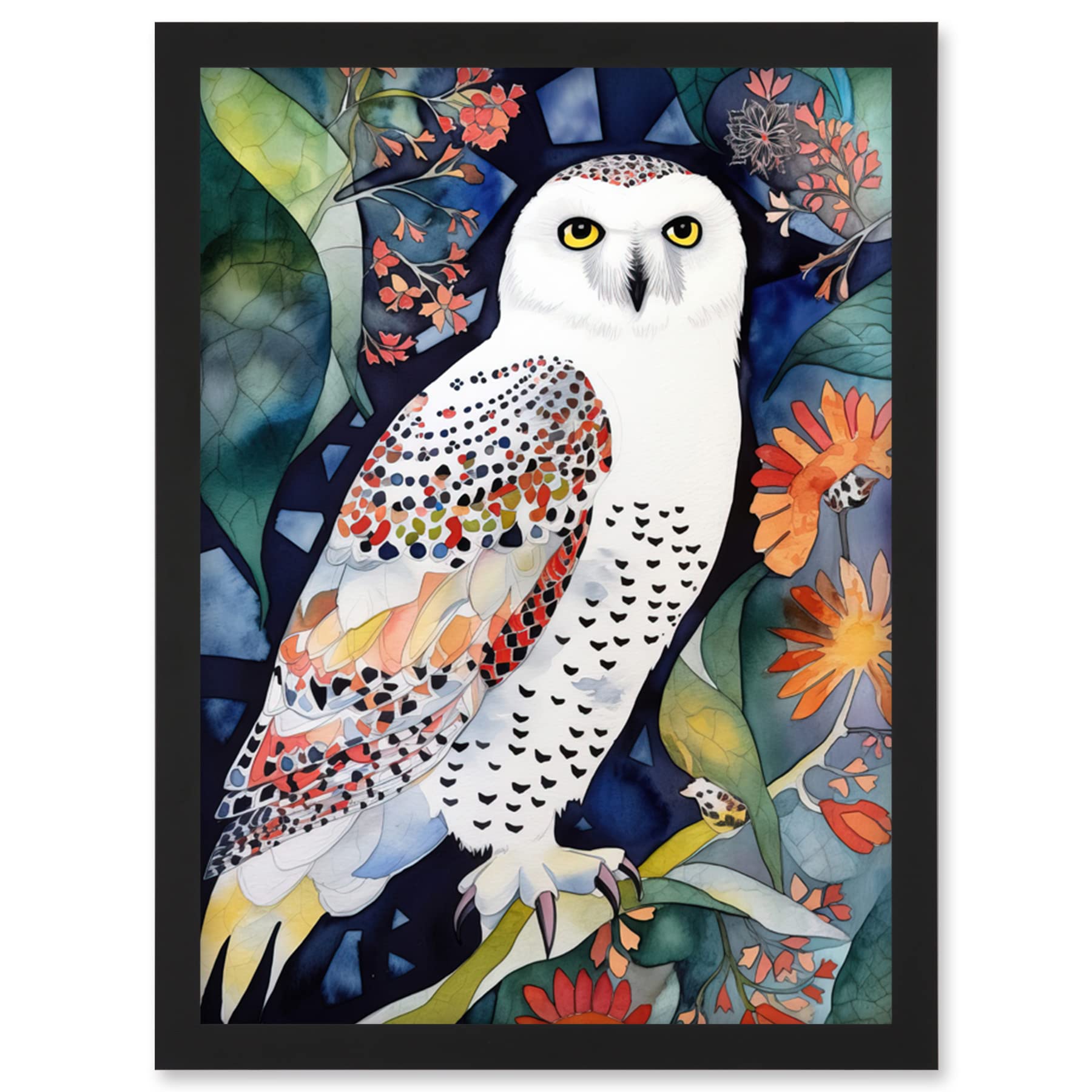 Snowy Owl On Blooming Tree Folk Art Artwork Print - A4 Framed Wall Art - Artery8