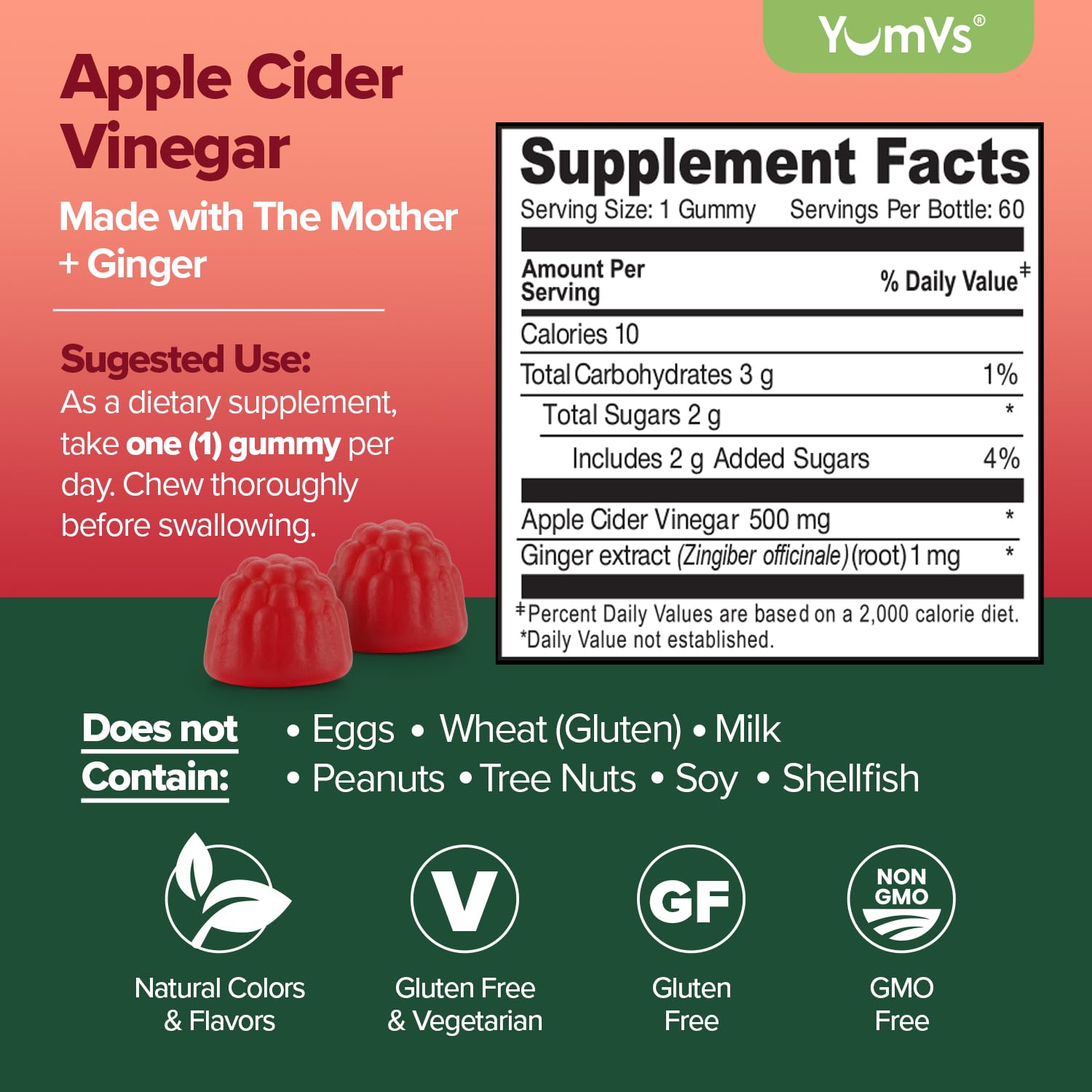 YUM-V'S Apple Cider Vinegar Gummies – ACV Gummies with Ginger & The Mother – Supports Metabolism, Vitality & Daily Wellness – Natural Apple Flavor Vegan, Non-GMO, Gluten-Free, Cider Gummy – 60 Count — Amazon image 2