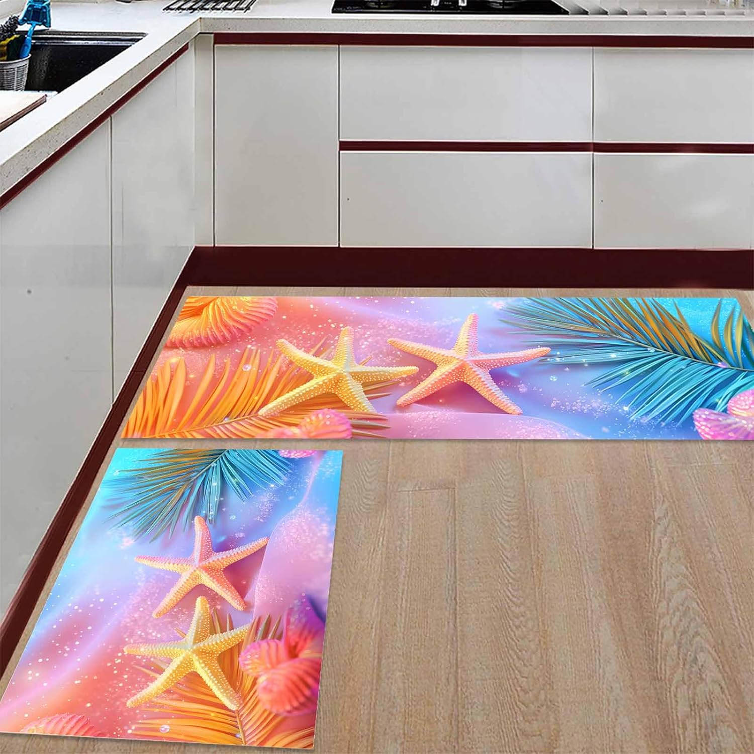 2 Pieces Kitchen Rugs and Mats,Beach Colorful Starfish Shell Leaf Area Runner Rug Set Non Slip Floor Doormat Washable Carpet Standing Mat for Kitchen Sink Indoor Corridor,Summer Abstract Ocean