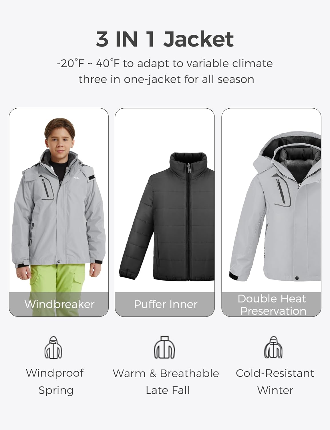 wantdo Boy's Ski Jacket Waterproof 3 in 1 Snow Coat Warm Fleece Winter Coat - Image 4