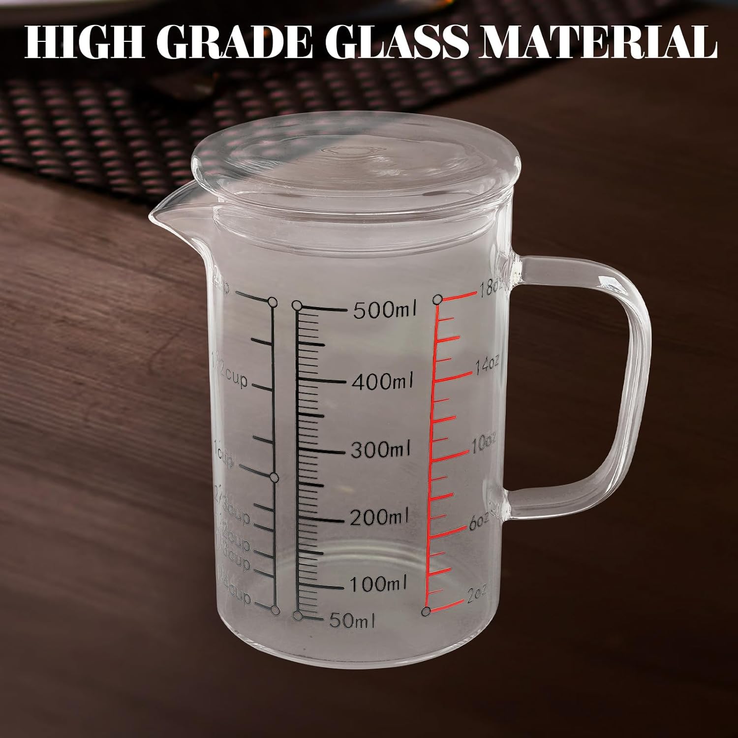 Yardwe Glass Measuring Cup with Scale 500ml, Covered Heat-resistant Glass Measuring Mug for Milk and Oil, Household Kitchen Baking and Cooking Tool