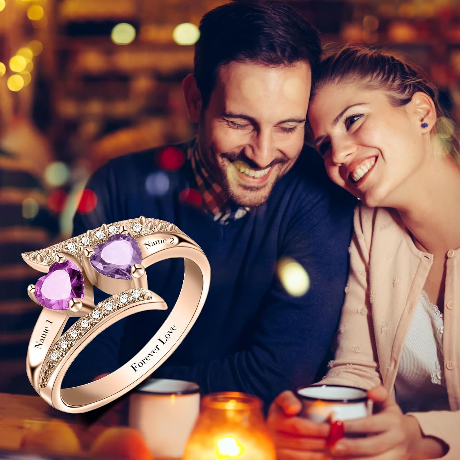 ORFAN Personalized Promise Rings for Her Custom Couples Name Ring for Women Mother Rings with 2 Simulated Birthstones Customized Christmas Gift for Her