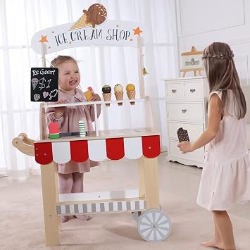 labebe Wooden Ice Cream Cart for Kids, Toddler Ice Cream Truck Pull-Along Pretend Play Stand for 3-8Y, Children Role Play ice cream toy Trolley with Blackboard, ringbell, Ice-lolly for 36M+ Girls Boys