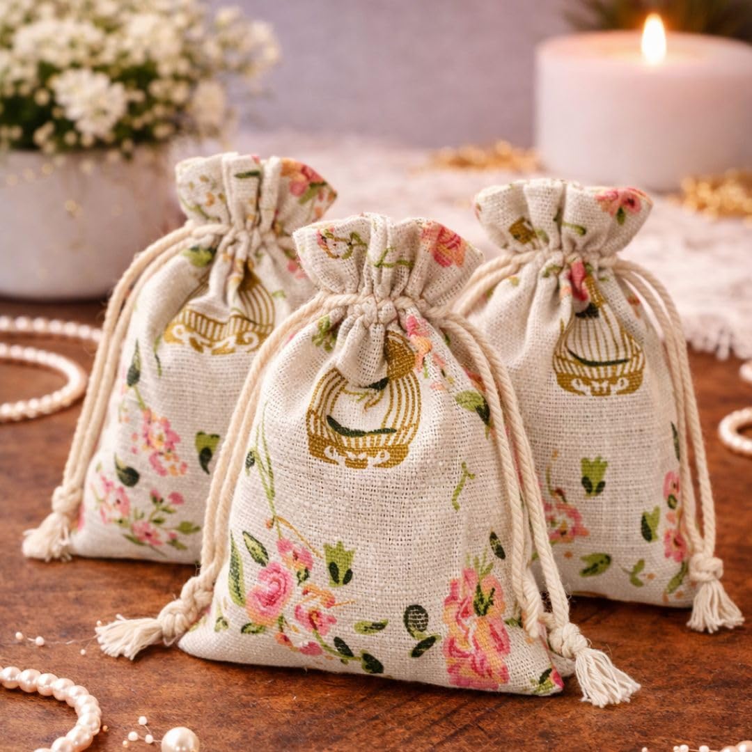SATYAM KRAFT 10 Pcs Jute Potli Bags for Wedding, Return, Festive Gifting | Eco-Friendly, Handmade Drawstring Bags for Jewelry, Sweets, Dry, Party Favors | Reusable & Biodegradable (Pack of 10)