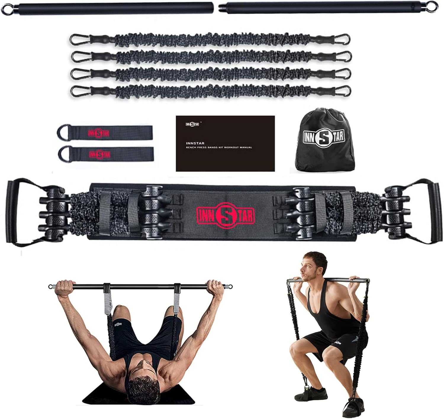 INNSTAR Portable Home Gym, Verstellbares Widerstandsband mit Stange und Kniebeugen-Bändern für Heimtraining, Bankdrücken Brusttrainer Resistance Band Set für Brust, Arm, Beintraining