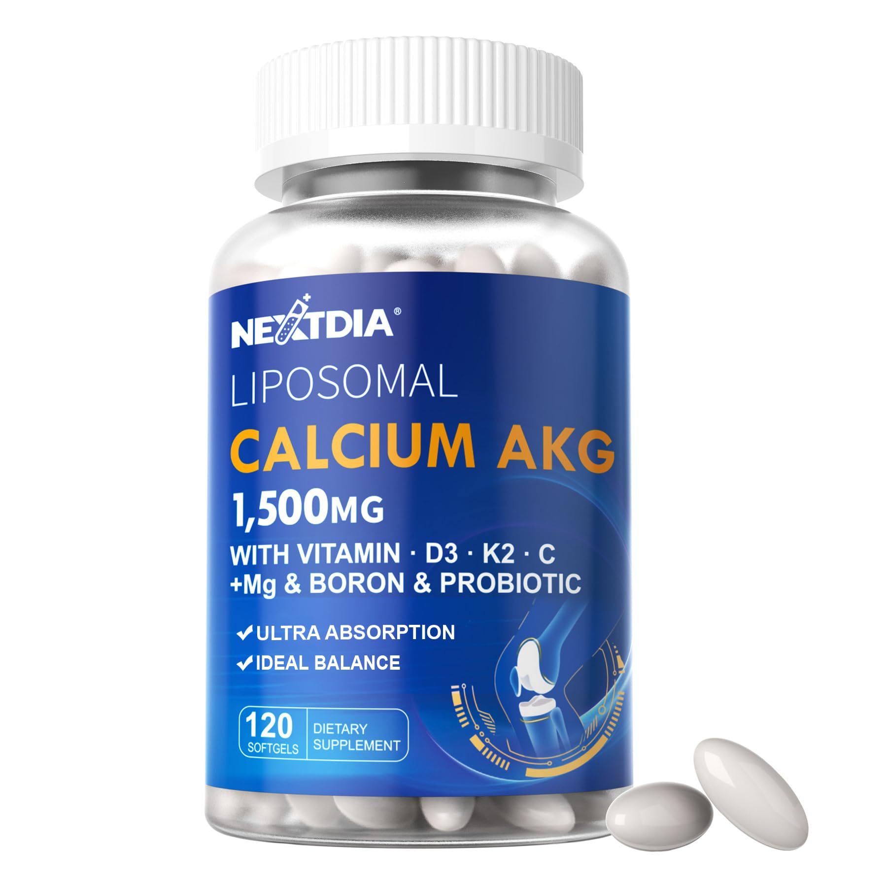 Liposomal Calcium AKG Supplement 1500mg with Vitamin D3 K2 for Women Men 120 Count (Pack of 1)