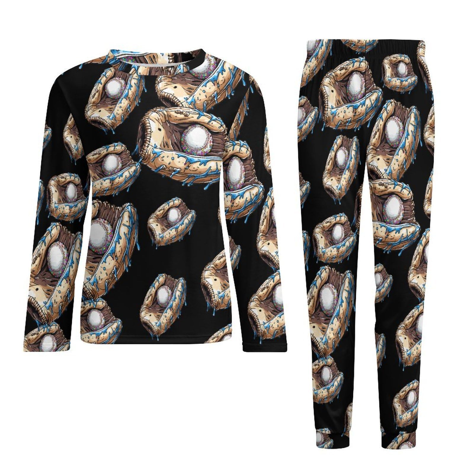 Conjunto de pijama para hombre con guantes de béisbol, cuello redondo, 2 piezas, manga larga, suave parte superior e inferior, transpirable para todas las estaciones