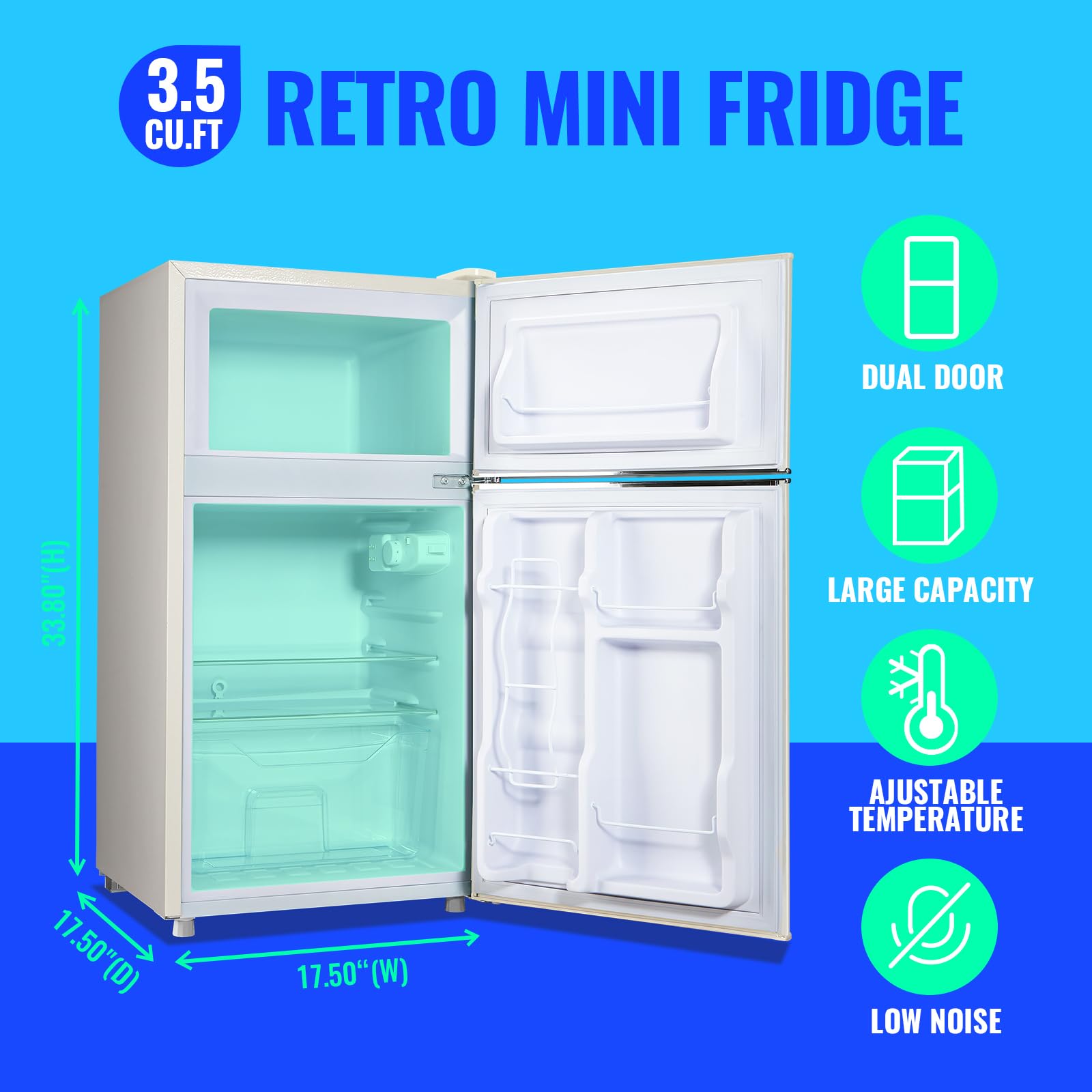 Tacool Mini Refrigerator With Freezer Small Fridge Double Door Side Drink Holder Adjustable Glass Shelves, Plastic Crisper, 7 Level Temperature Control For Bedroom, Office, Apartment White on Fridge.com - View 5