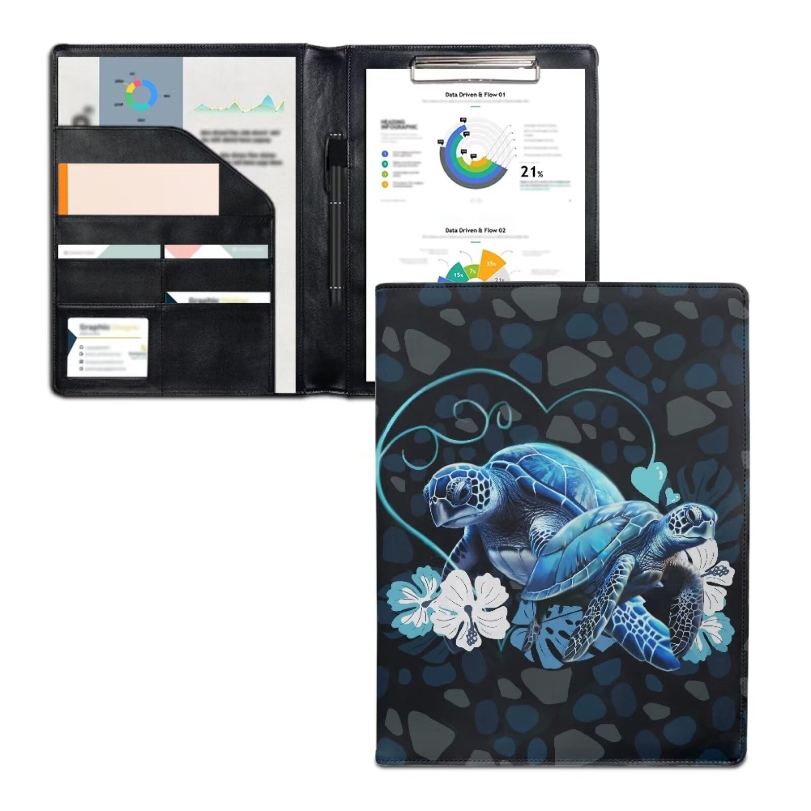 COEQINE Leather Padfolios for Women, Aztec Neon Sea Turtle Print Office Folder with Business Card Holder for Female College Student Resume Storage