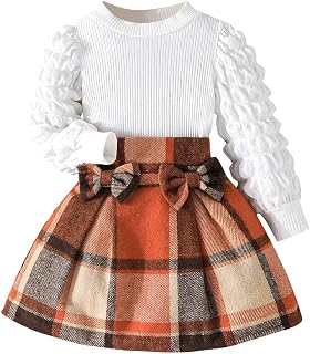 Toddler Girls Plaid Outfits Girls Puff Sleeve Knit Ribbed Shirt Tops Plaid Skirt Set Kids Fall Winter Clothes
