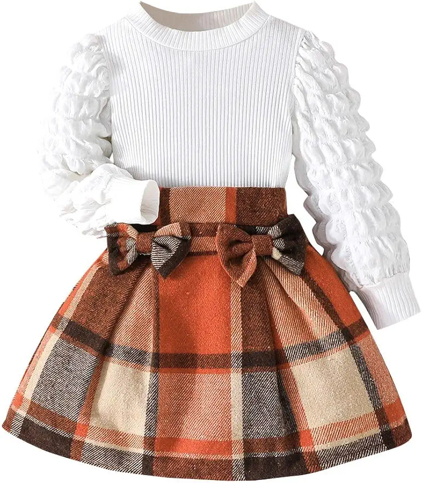 Noubeau Toddler Girls Plaid Outfits Girls Puff Sleeve Knit Ribbed Shirt Tops Plaid Skirt Set Kids Fall Winter Clothes