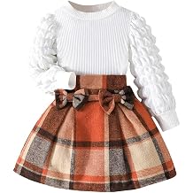 Noubeau Toddler Girls Plaid Outfits Girls Puff Sleeve Knit Ribbed Shirt Tops Plaid Skirt Set Kids Fall Winter Clothes