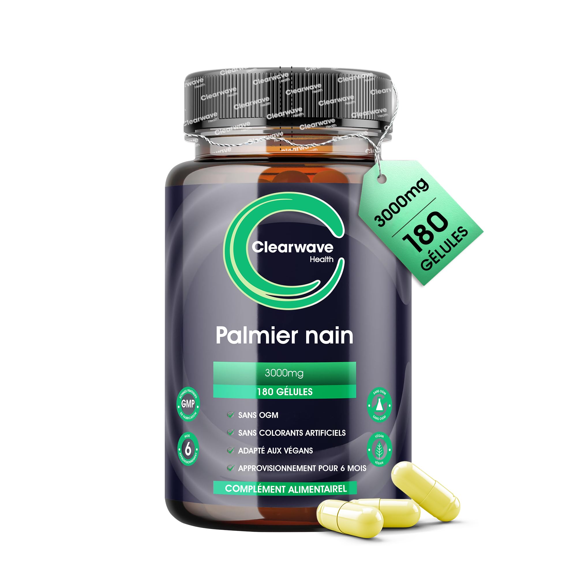 Extrait de palmier nain - dose quotidienne équivalente de 3000 mg utilisant un extrait 15:1. 180 capsules végétaliennes - Extrait de palmier nain à haute dose - 6 mois d'approvisionnement.