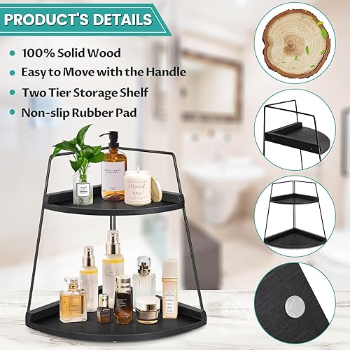 Miniatura 5 de PICKKROSS Organizador de encimera de baño de 2 niveles, organizador de baño de madera, estante de almacenamiento de esquina para mostrador, bandeja