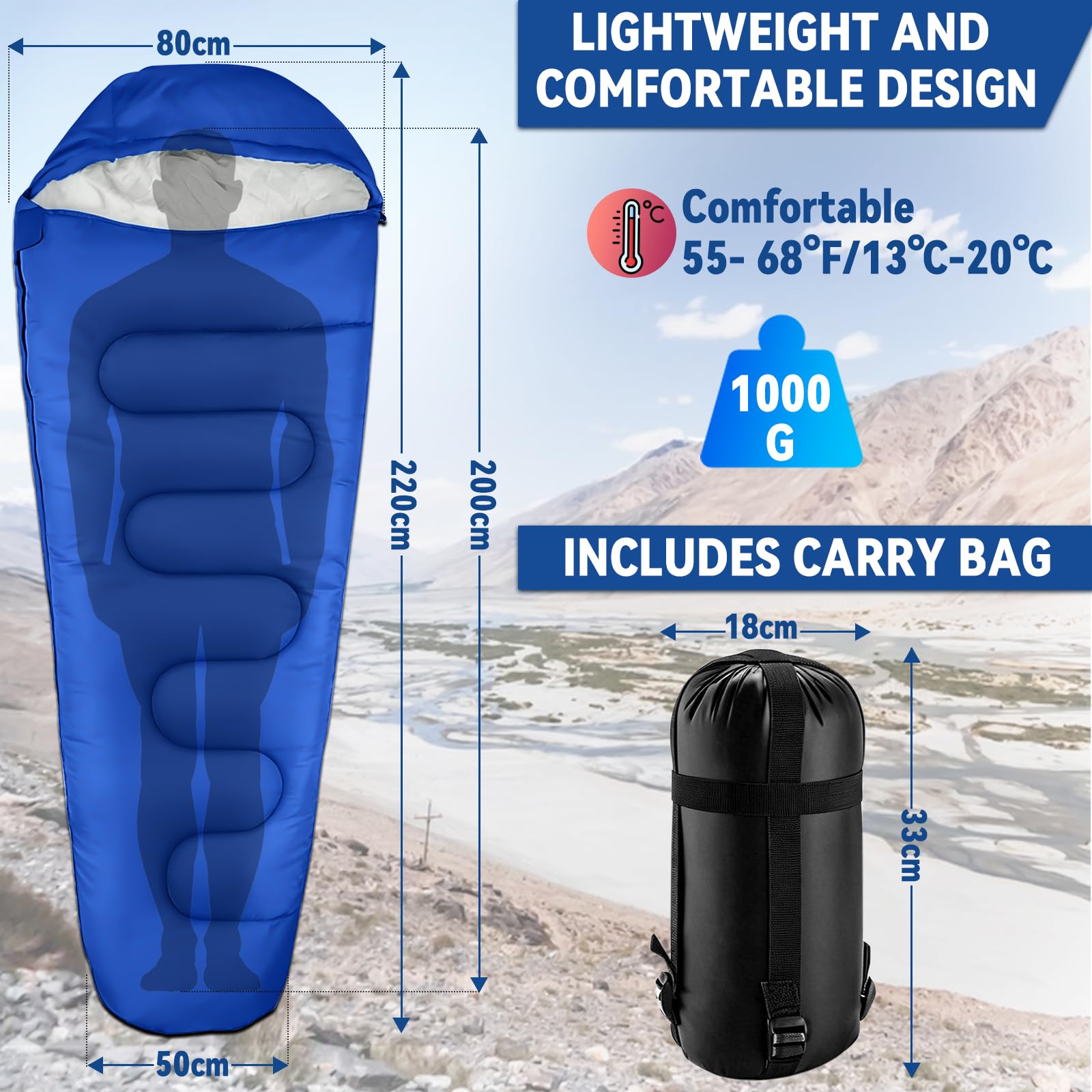 Sac de Couchage Adultes Estival Léger, 100 g/m², 3 Saisons, Sac de Couchage Compact Sarcophage, Adulte Momie pour Camping, Randonnée, Backpacking -220x80x50cm