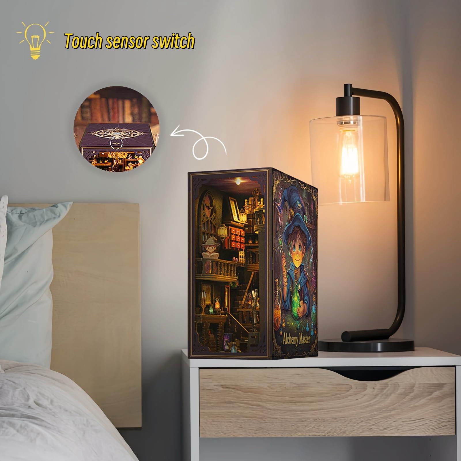 Kit DIY Book Nook - Magic Coffee Shop - Structure d'ouverture et détails mystiques - Puzzle 3D, serre-livres pour adulte (Magic Coffee Shop avec musique