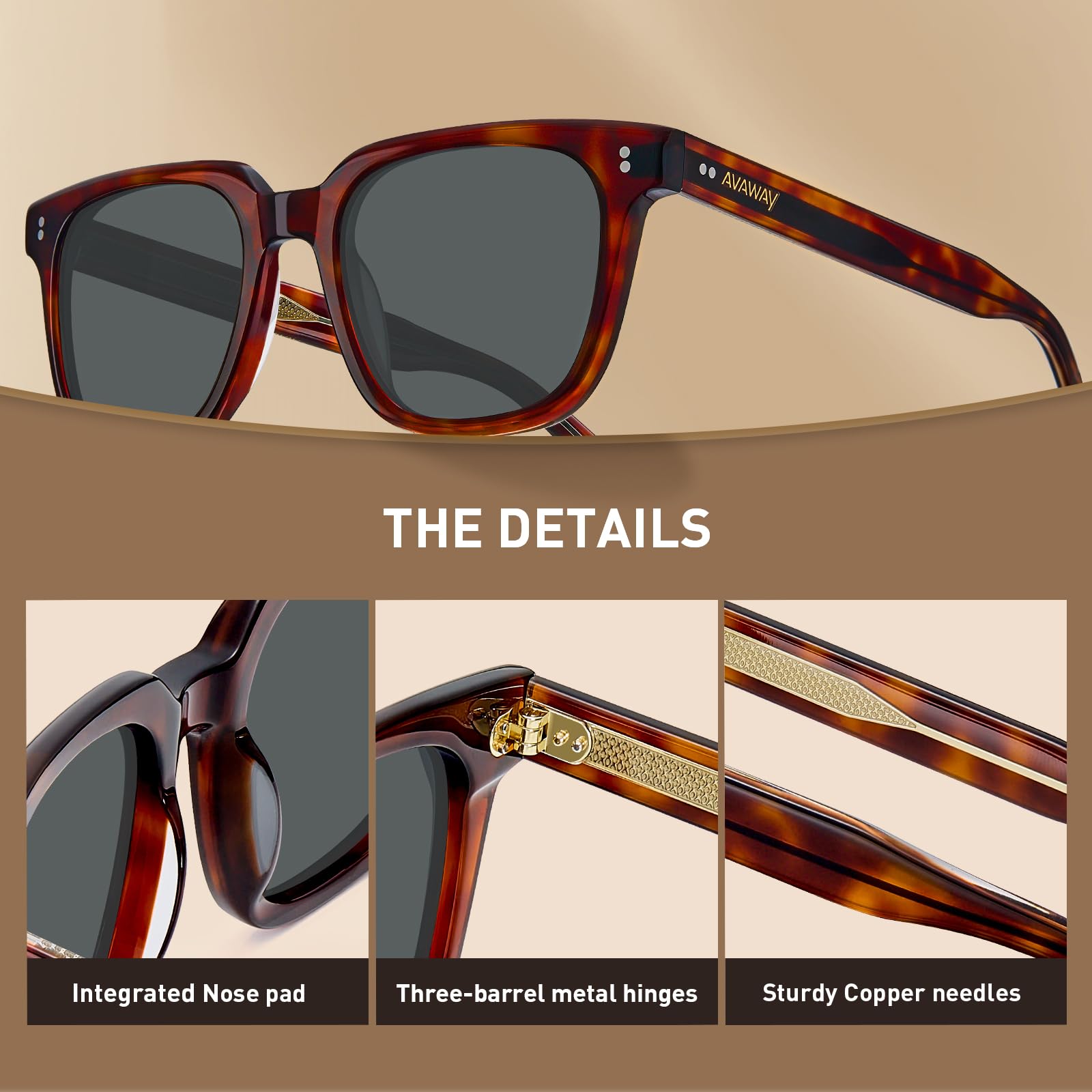 AVAWAY Moda Okulary Przeciwsłoneczne z Polaryzacją dla Mężczyzn Ochrona Przed Promieniowaniem UV Retro Vintage Oprawki z Acetatu Okulary Kwadratowe do Jazdy Samochodem i Wędkowania