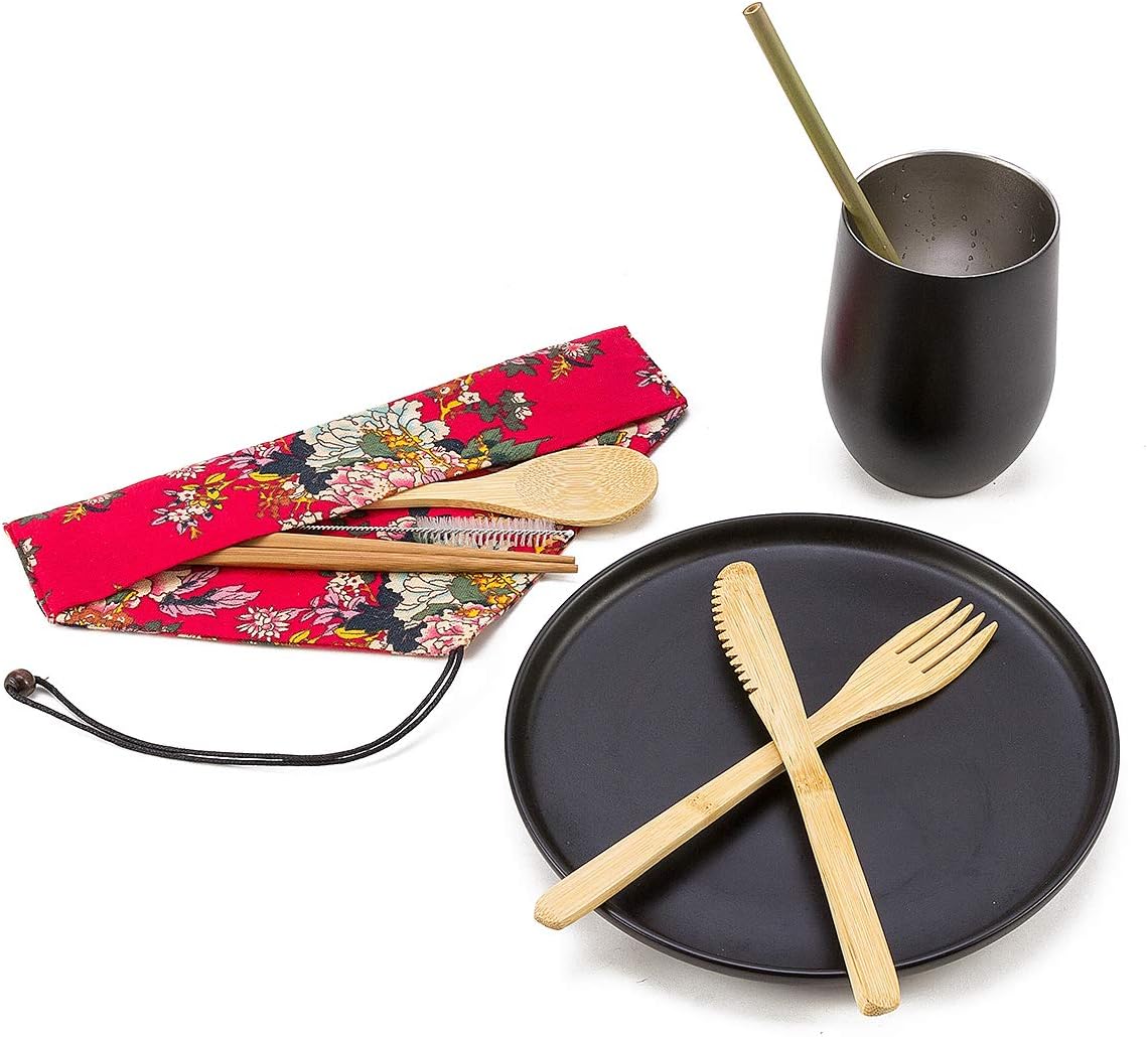 Chеареѕt 🛒 4 Pack Bamboo Cutlery Set | Flatware Set | Reusable Portable Utensils Travel Cutlery Set (Bags, Forks, Knives, Chopsticks, Spoons,Straws and Brushes) for Camping and BBQ (A)