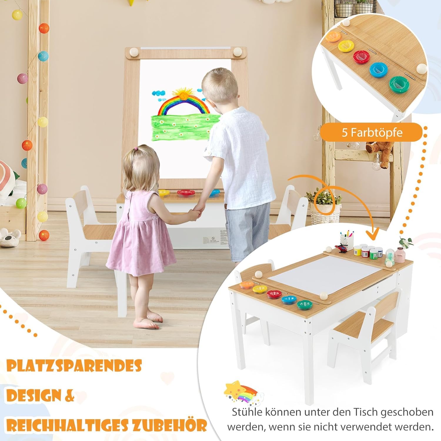 DREAMADE 3 in 1 Kindertisch mit 2 Stühlen aus Holz, Kinder Maltisch mit kippbarer Tischplatte & 6 Stoffboxen & Papierrolle, Kindersitzgruppe mit Stauraum für Kinderzimmer (Natur,mit 2 Ablagen)