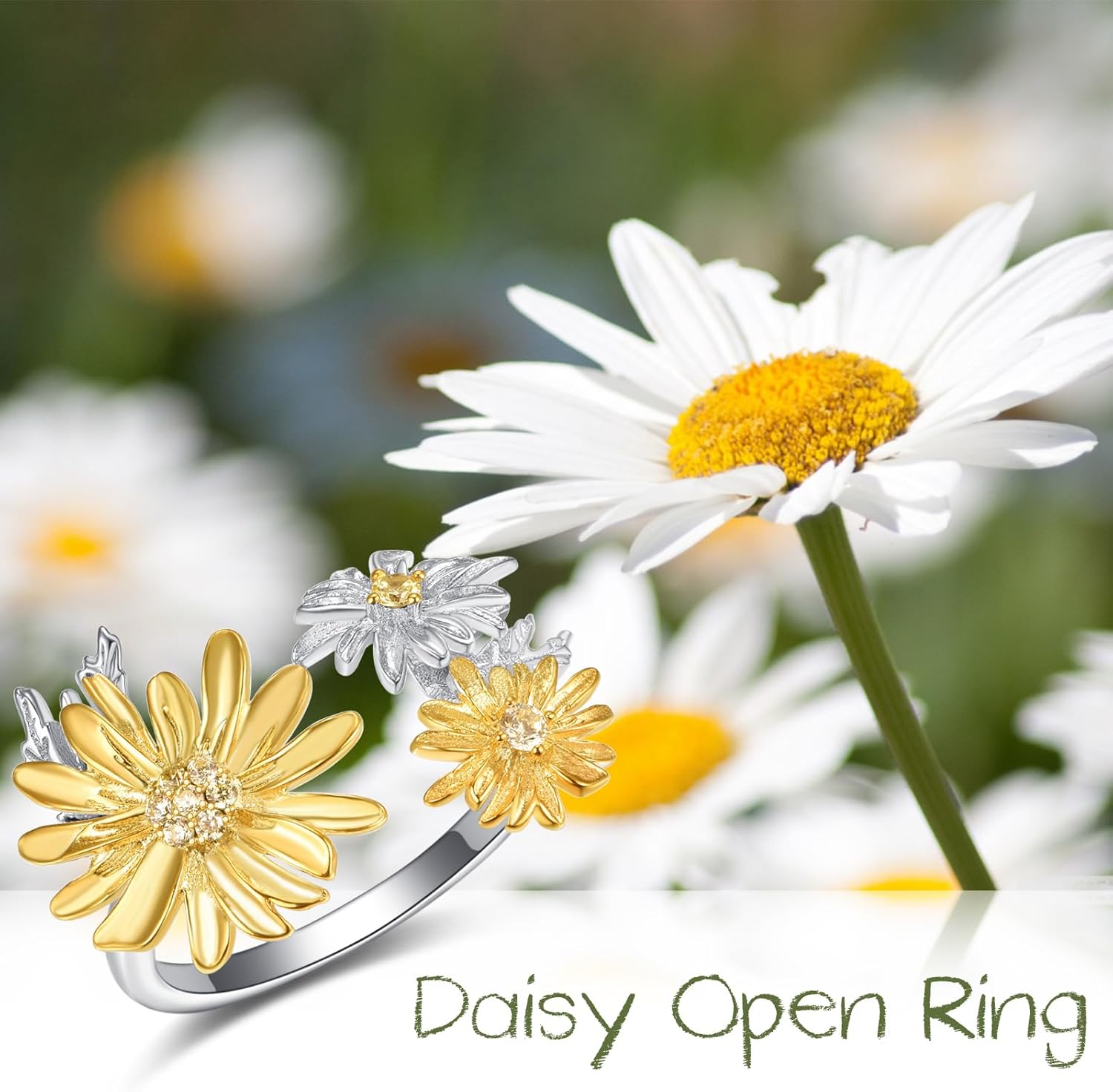 KINGWHYTE Daisy Rings for Women 925 Sterling Silver Adjustable Open Daisy Flower Rings Birthday Jewelry Gifts for Her - Image 2