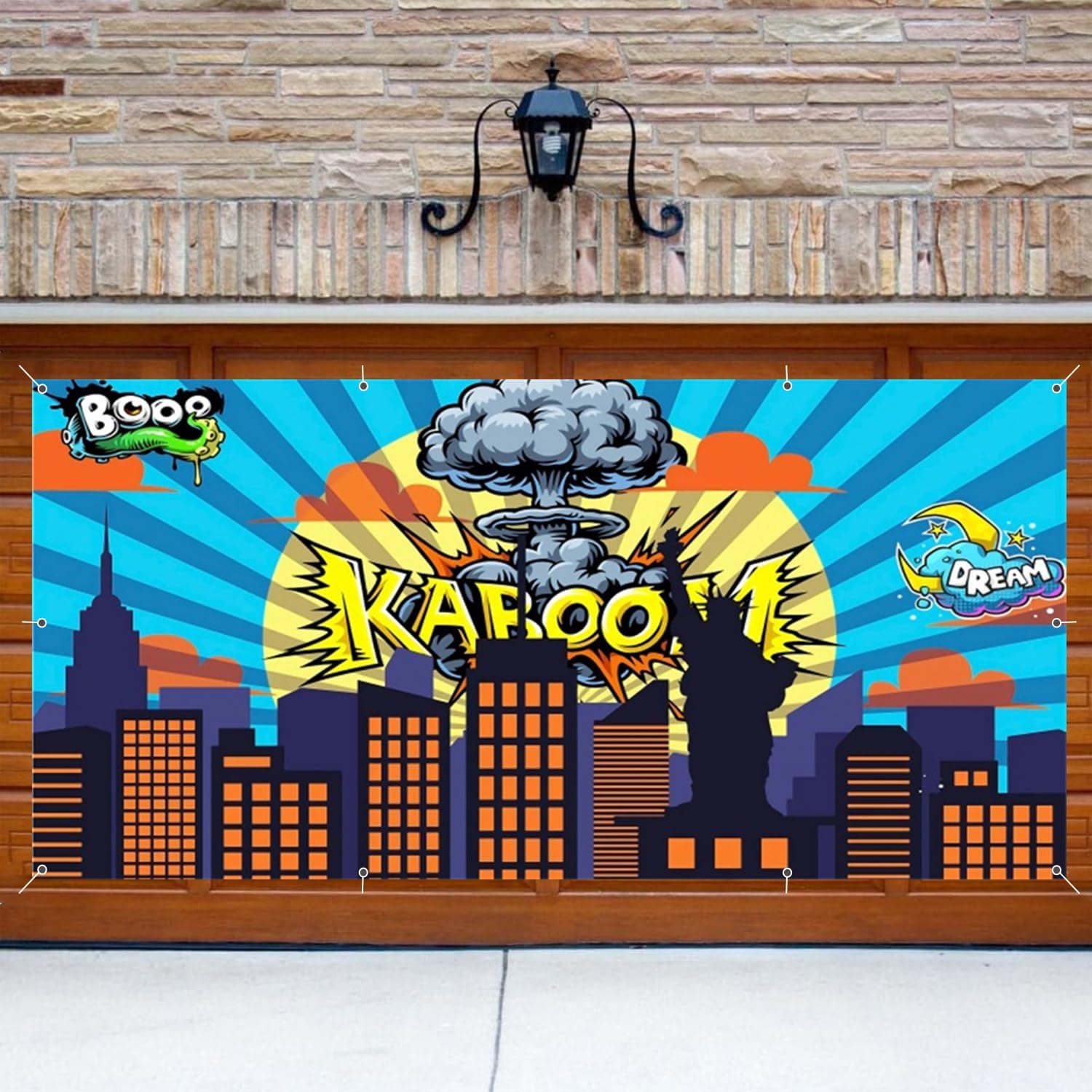 Cartoon Super City Garage Door Banner Decorations Backdrop 7 x 16 ft Urban Night Scenery Superhero Boom City Building Garage Door Cover Background Wedding Baby Shower Birthday Party Decorations