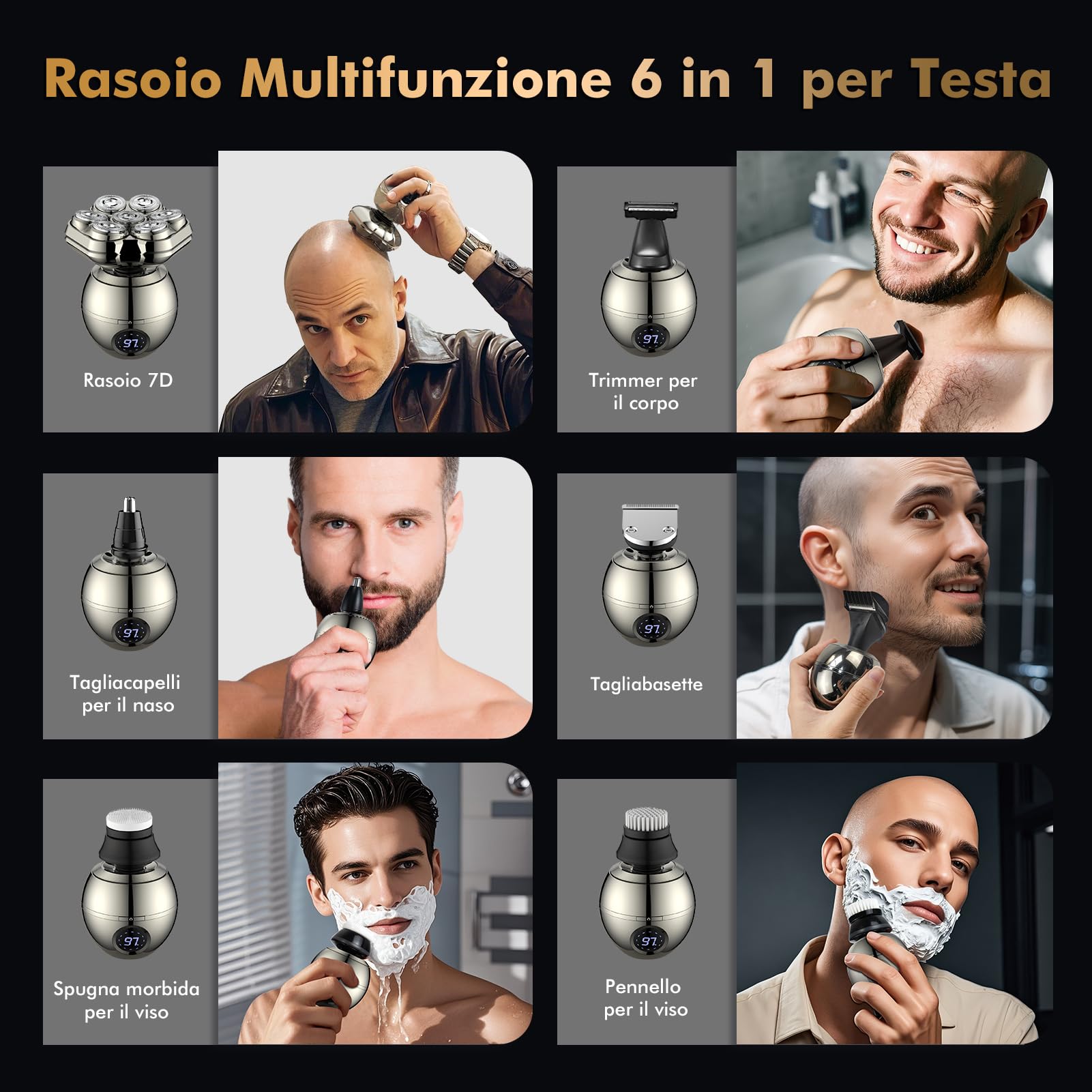 Rasoio Testa Calva,7D Magnetici Rimovibile Rasoio Testa Calva Zero Assoluto-6 in 1 Capelli uomo 0 mm,Impermeabile IP67 con Display LED, Rasa e Taglia Capelli a Zero