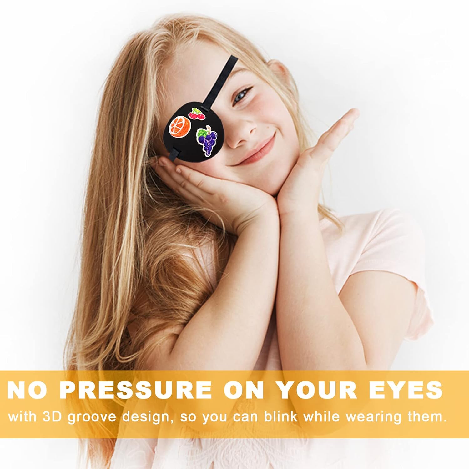 Eye Patches for Adults Kids, 2Pcs 3D Medical Eye Patch, Soft Adjustable Amblyopia Lazy Eye Patches for Left or Right Eyes, Black Eye Patches with DIY Fruit Stickers