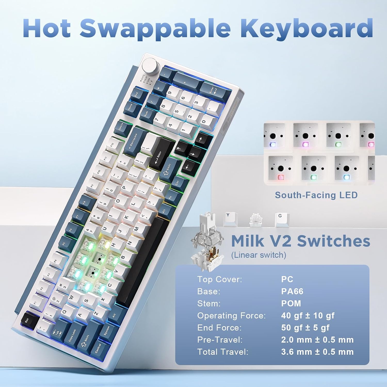 K98 Wireless Mechanical Keyboard,Tri-Mode BT5.0/2.4GHz/USB-C Hot Swappable Custom Keyboard,Gasket Structure,RGB Backlit Gaming Keyboard for Win & Mac(White&Blue,Milk-V2 Switch)
