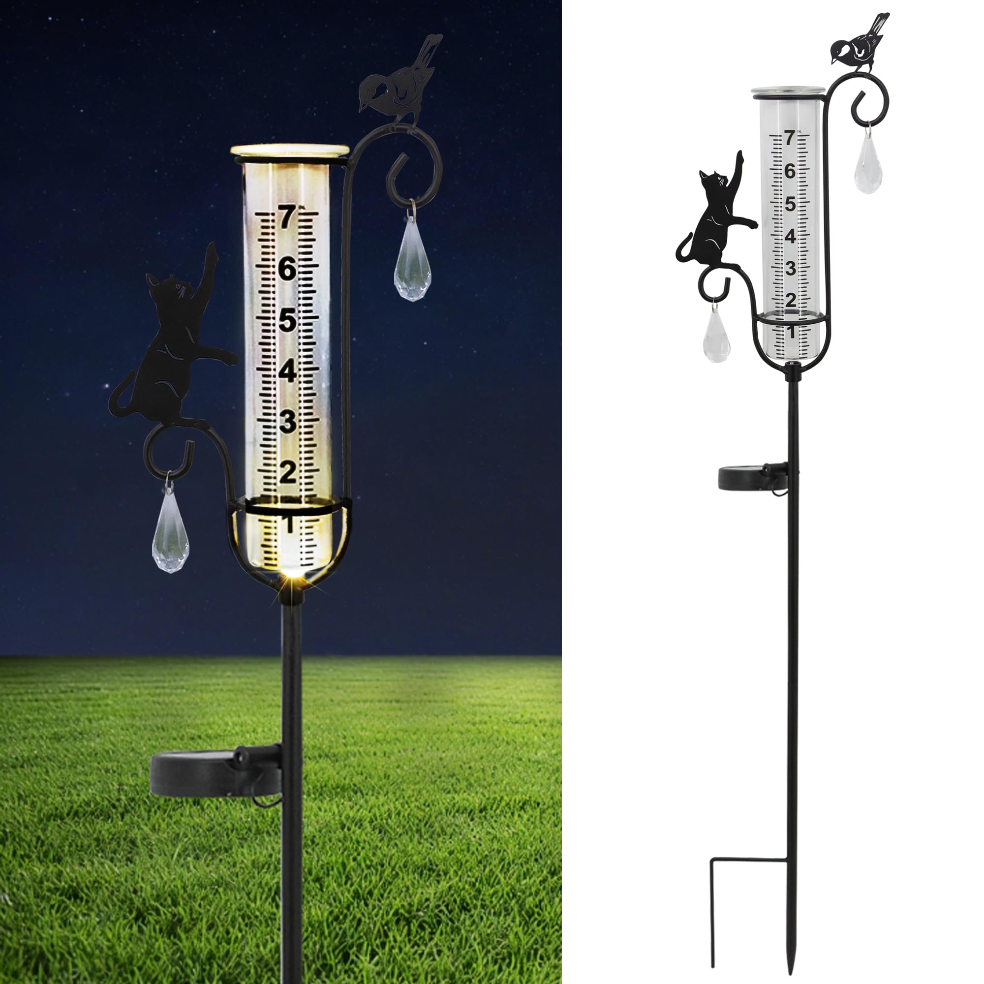33in Solar Cat Bird Rain Gauge Metal Garden Stake Black Sculpture Decor